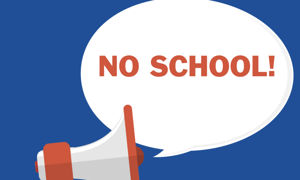photo of megaphone with word cloud with words "no school"