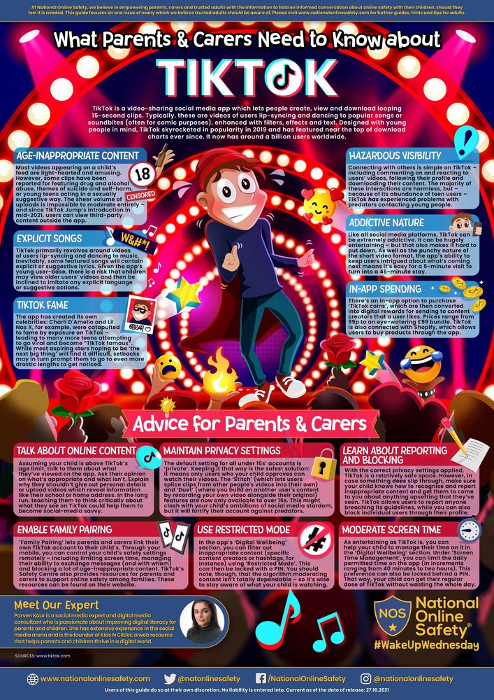 Infographic for TikTok Information. Circle lights on a stage, with cartoon boy on social media.