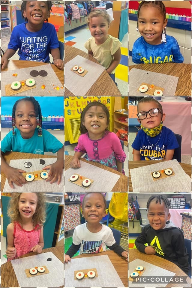 students smiling with owl shaped food treats