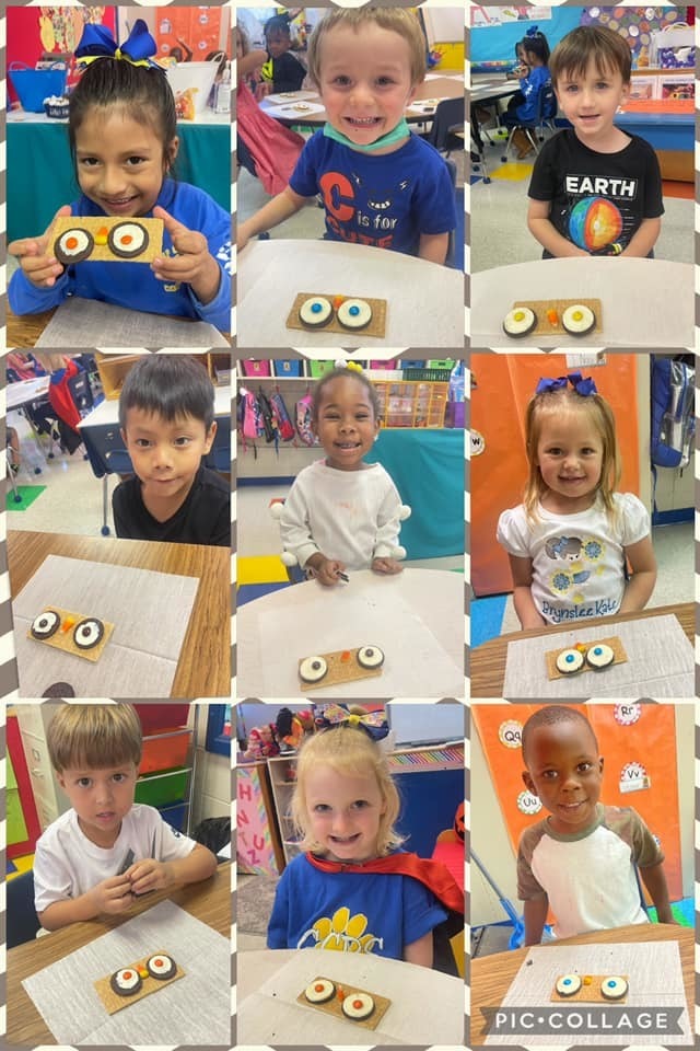 students smiling with owl shaped food treats