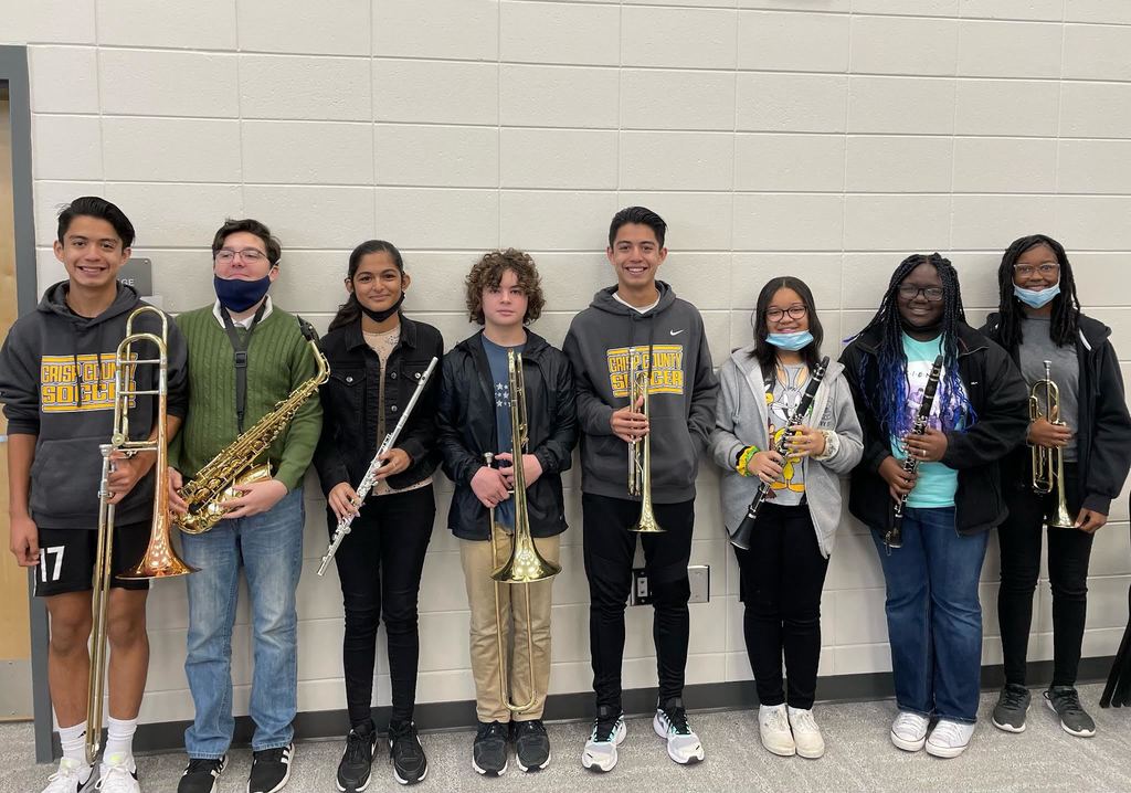Please help me congratulate the following students for being selected to participate in the UGA midfeast honor clinics. Pictured from left to right: Jerald Hidalgo, Mason McCoy, Aashi Patel, Jacob Fachini, Jeremy Hidalgo, Jaionna Sumler (who auditioned into the top group there), Shanaliah Robinson, and Ty’Asiash Hinton. We are so proud of you guys for representing CCMS with class. 