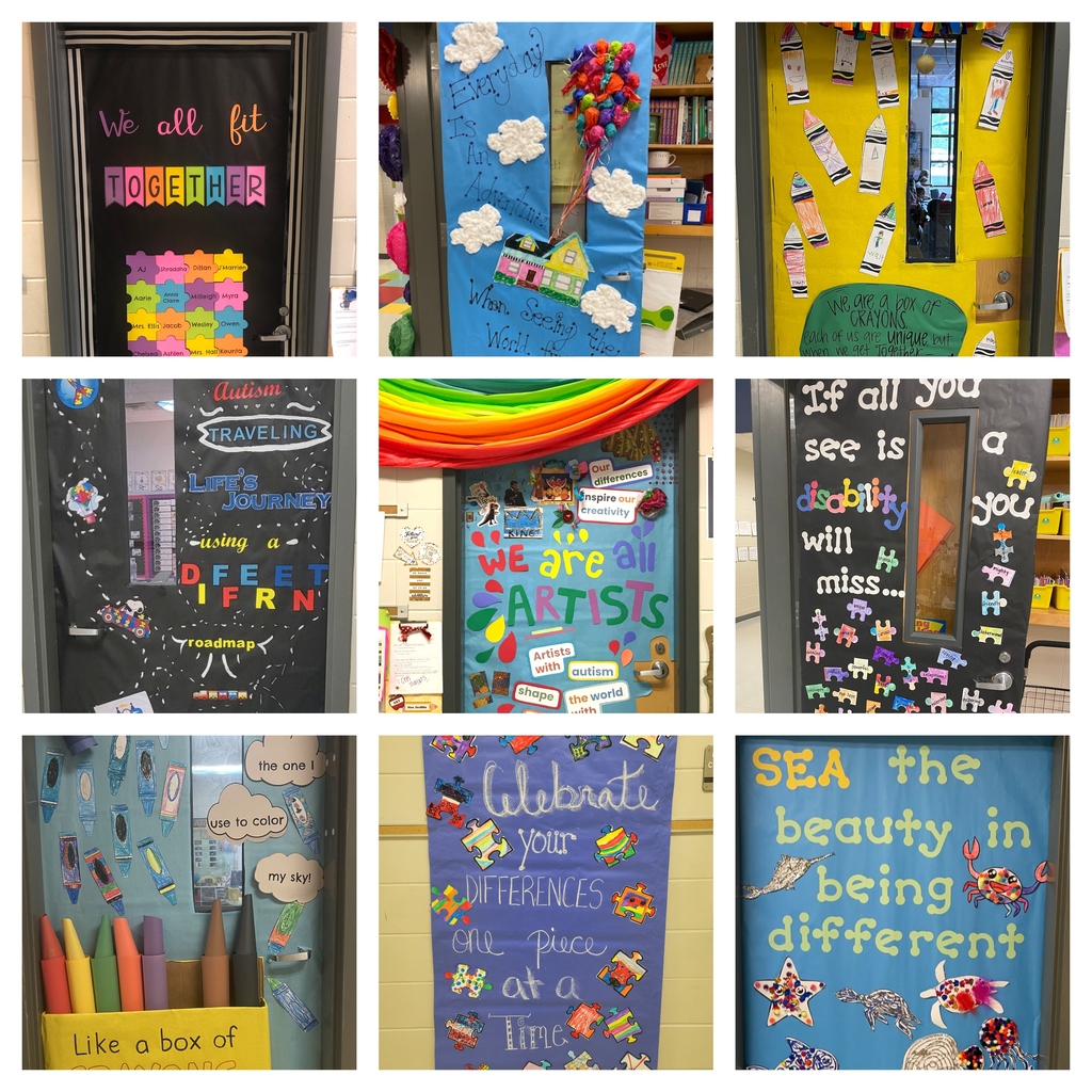 There are nine squares with various doors decorated for Autism Awareness. 